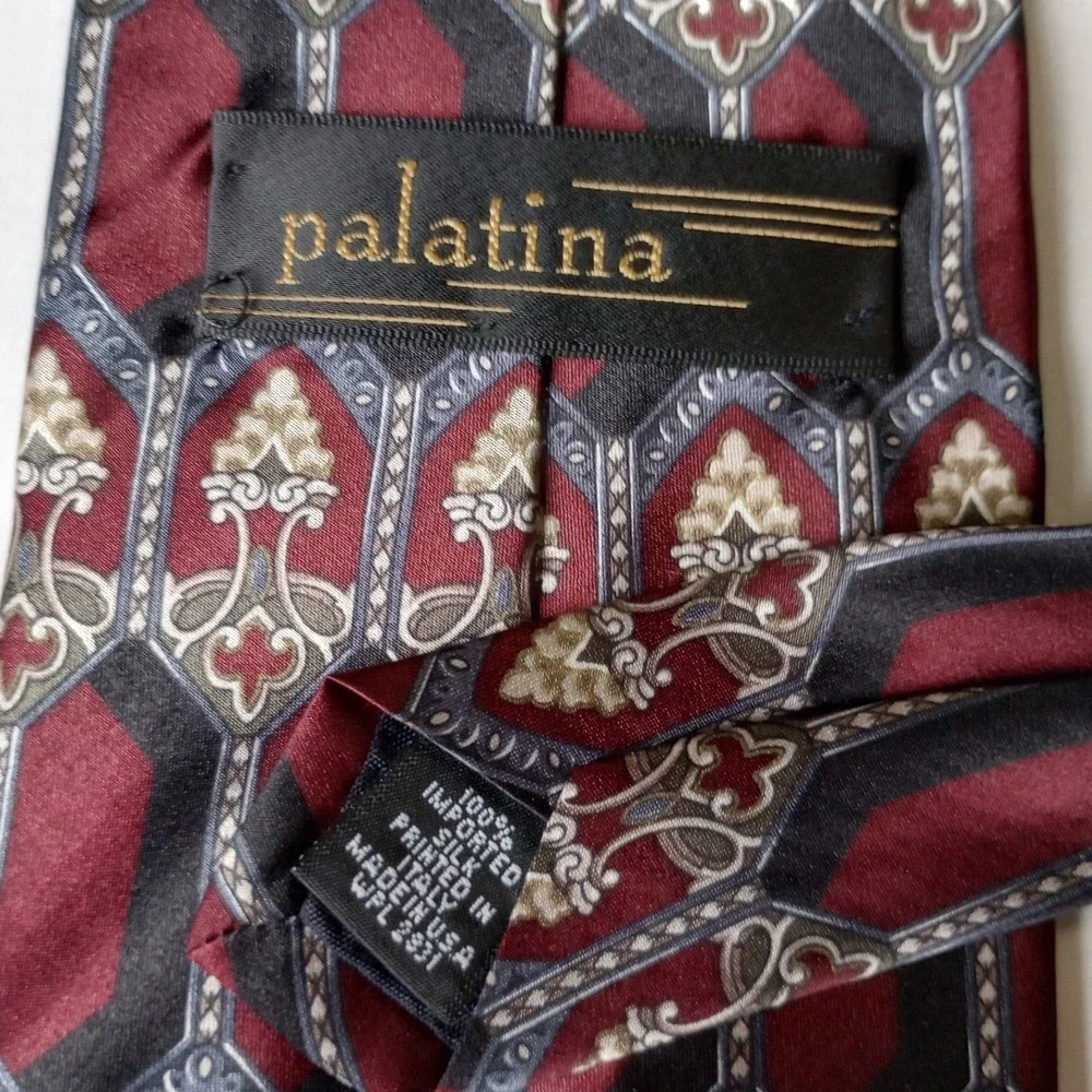 Palatina Mens Silk Tie Burgundy Black Geometric Medallion Italian Fabric USA